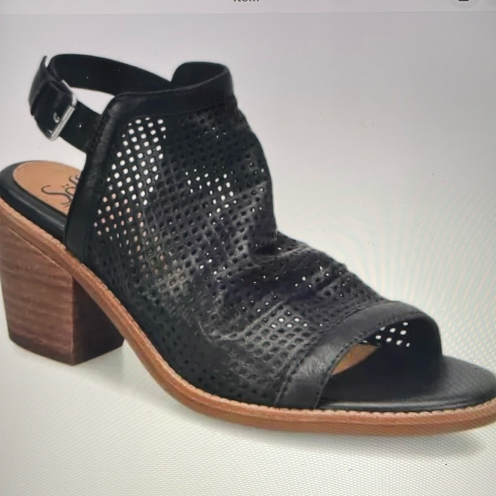 Sofft Molly Leather Black Peep Toe Block Wood Heel  Super Soft Leather Size 7.5